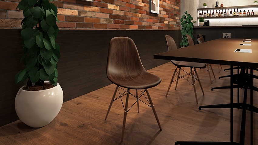 チェア&会議テーブルを木目調で揃えたリラックス感が漂う空間デザイン