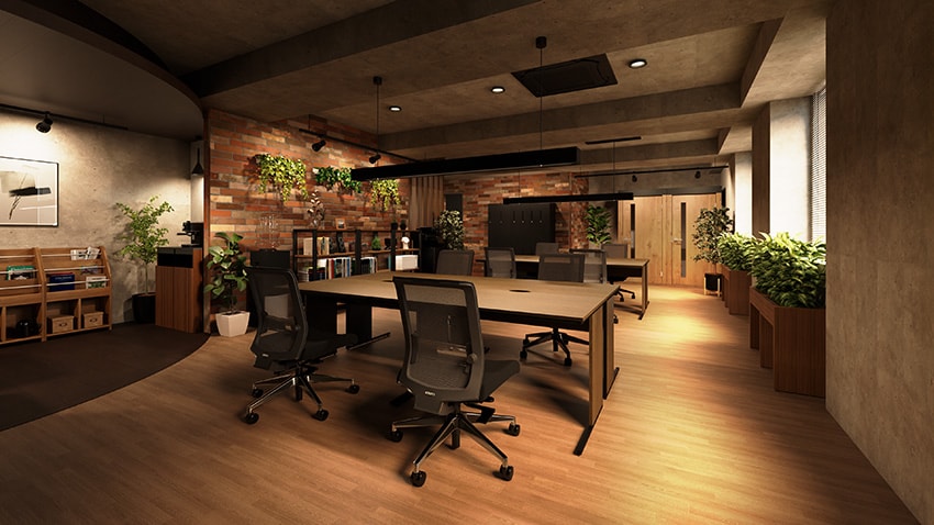 素材感を楽しむ、インダストリアルな執務空間